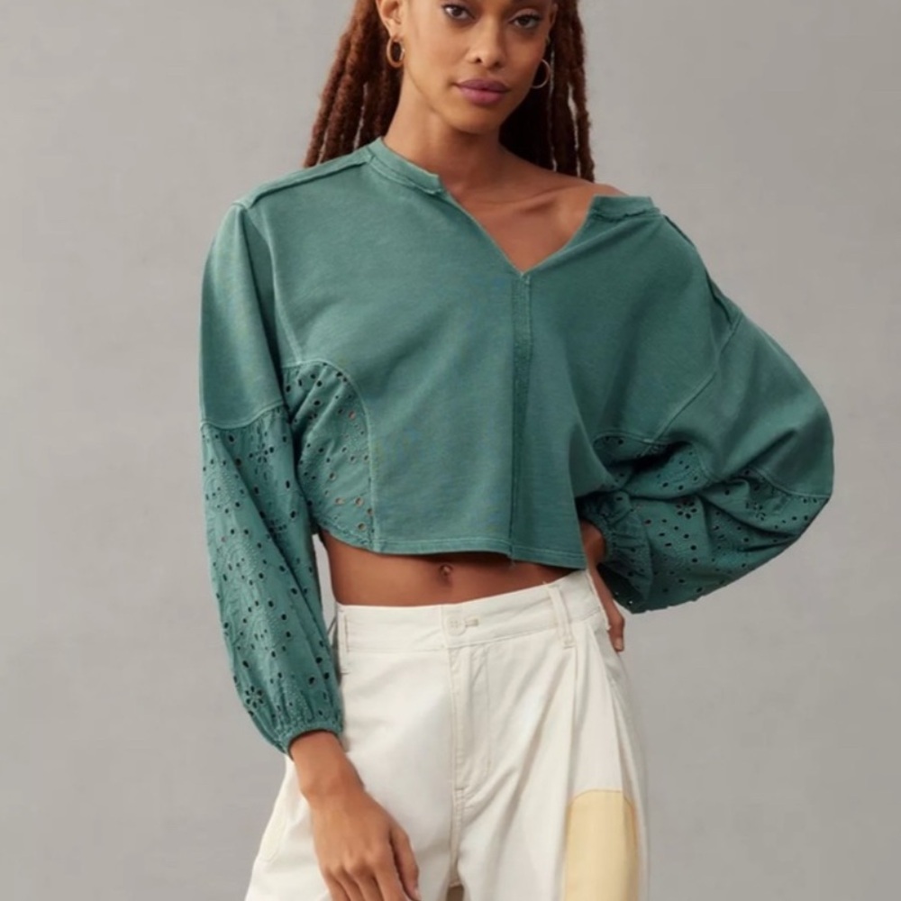 Anthropologie x Pilcro Eyelet Dolman Sleeve Sweatshirt Cropped Green